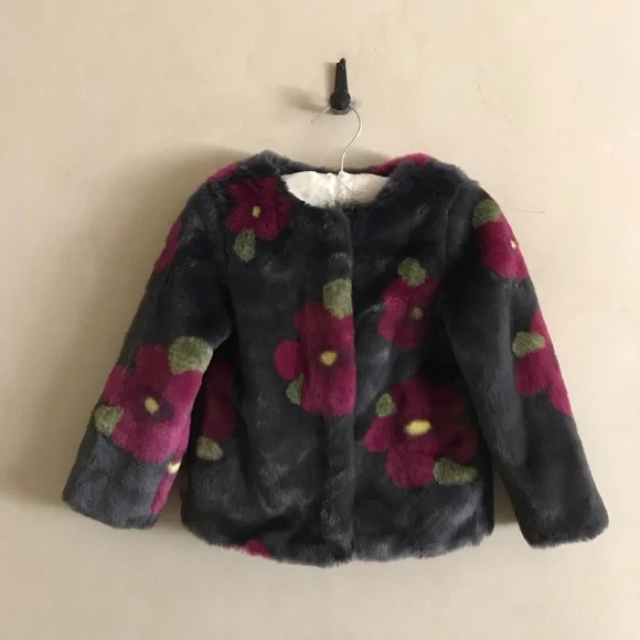 Floral Faux Fur Kids Jacket - Gray and Pink - Picture 1 of 5